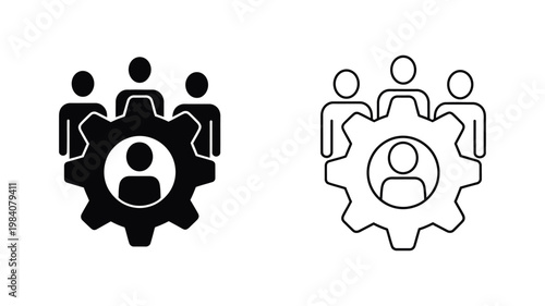 AI collaboration concept illustration with three people inside a large gear, representing human-machine systems, teamwork and intelligent automation.