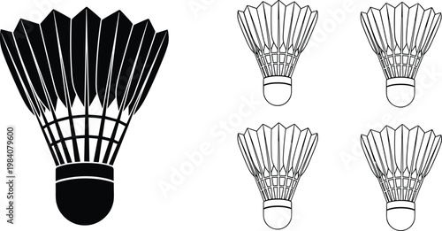 Badminton Shuttlecock Vector Set Featuring Black Silhouette and Detailed Line Art Icons of Sport Equipment for Tournament Branding, Athletic Training, and Racket Game Graphics