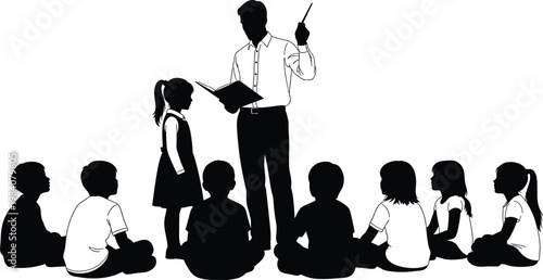 Male Teacher Silhouette Reading a Story to a Group of School Children Sitting on the Floor for Education, Classroom Learning, and Literacy Development Projects