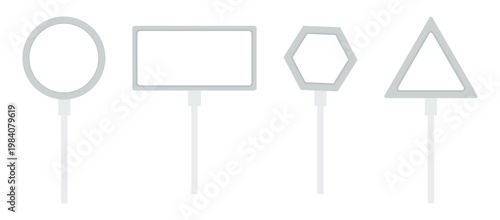 Set of vector blank white road signs in various shapes including circle, rectangle, hexagon, and triangle with thin borders on poles in illustration.