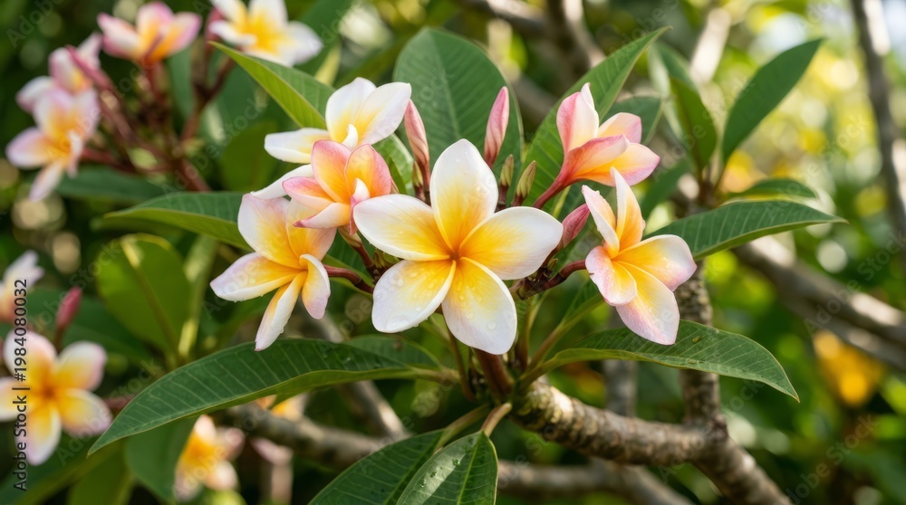 Obraz premium Delicate plumeria flowers bloom in soft pastel colors on a leafy branch in natural sunlight.