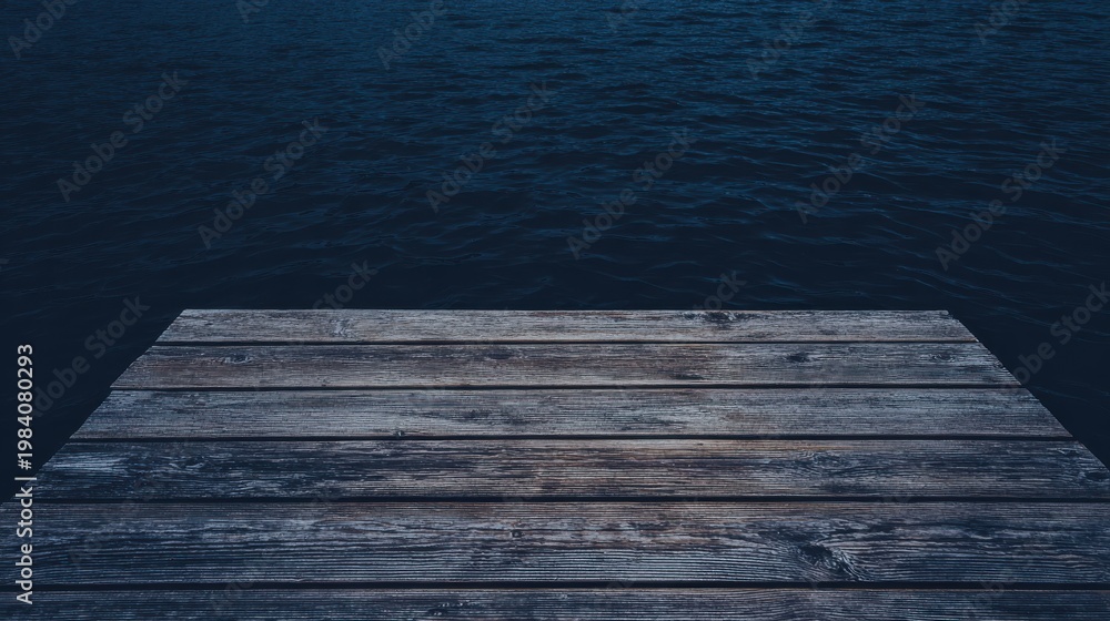 Fototapeta premium Top view of a rustic wooden dock extending over a dark blue lake, the wood texture fills the foreground, empty water in the background