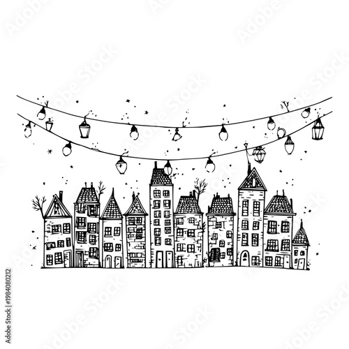 Charming hand drawn townscape illustration with festive string lights hanging above ornate old european style houses featuring whimsical architectural details for design