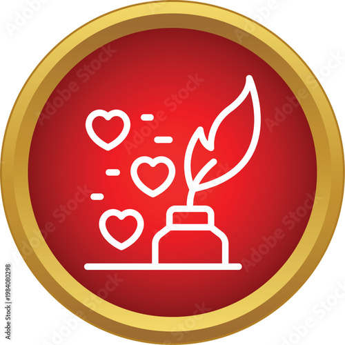 Quill pen with inkwell and floating hearts symbolizing love and romance