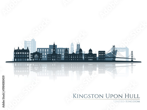 Kingston Upon Hull skyline silhouette with reflection. Landscape Kingston Upon Hull. Vector illustration.