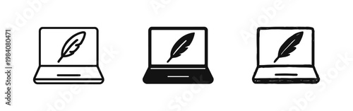 Laptop with Feather Quill Pen Blogging Icon Set