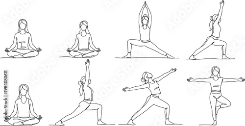 Black and White Line Art Illustrations of Yoga Poses and Meditation for Wellness, Fitness, and Mindfulness Designs for Websites, Apps, and Digital Media