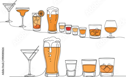 Black and White Line Art Illustrations of Mixed Drinks, Cocktails, and Beer Glasses for Websites, Apps, and Digital Media Designs