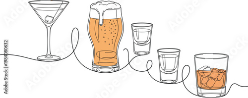 Black and White Line Art Illustrations of Various Alcoholic Drinks Including Cocktails, Beer, and Whiskey for Websites, Apps, and Digital Media Designs