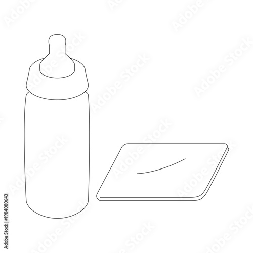 Baby bottle and gauze towel icon, infant feeding and care, simple line illustration
