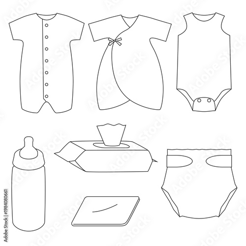 Baby essentials icon set, infant care items, diaper, bottle, wipes, clothing, simple line illustration