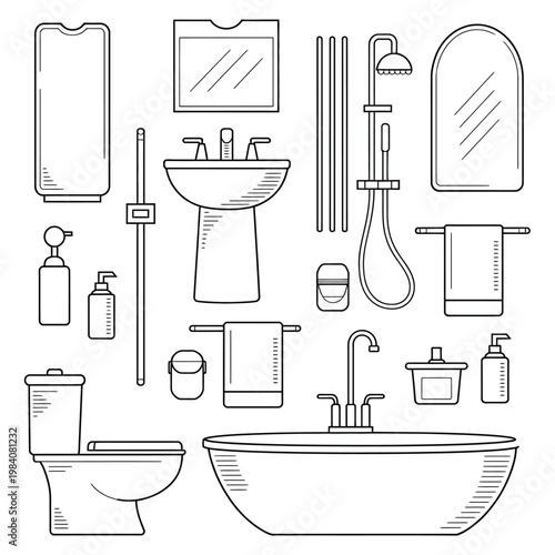A collection of bathroom objects and fixtures in a line drawing style