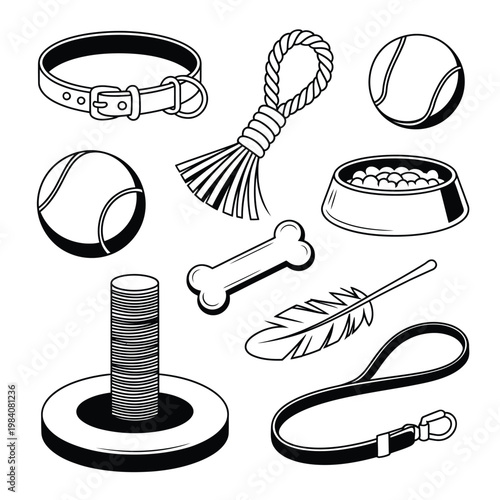 A collection of various pet accessories and toys on a white background