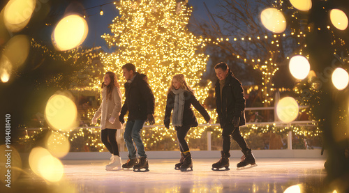 Group of friends walking through festive winter lights at night