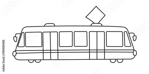 Tram icon, black and white outline vector illustration for kids coloring book. Cute city tramway monochrome clipart, urban transport line art, isolated clipart on white background