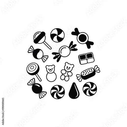 A collection of various candies and sweets in black and white