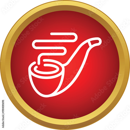 Smoking pipe icon with smoke lines in a red circle with gold border