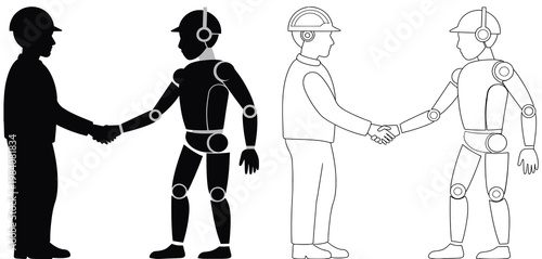 AI collaboration icon set, engineer shaking hands with robot in solid and outline styles, vector illustration for future technology and human-machine partnership.