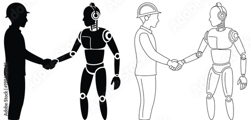 AI collaboration icon set, engineer shaking hands with robot in solid and outline styles, vector illustration for future technology and human-machine partnership.