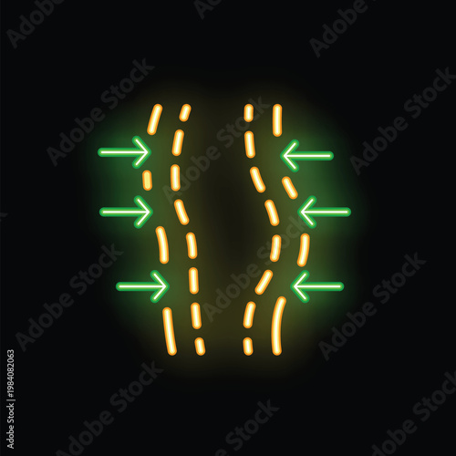 Neon sign of a spine with green arrows showing pressure pushing in on it