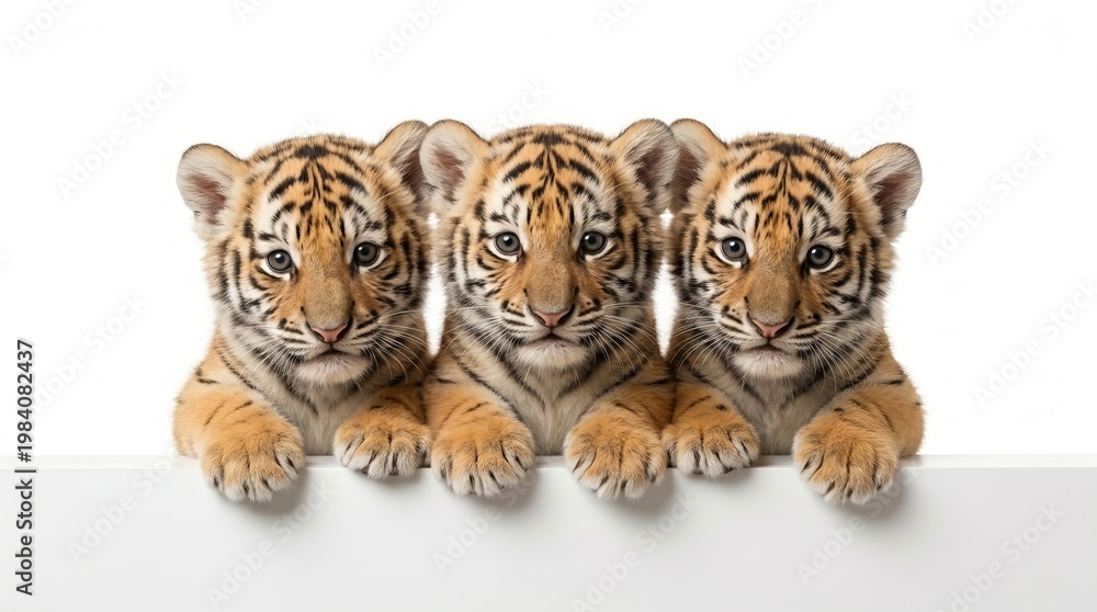 Obraz premium Three adorable tiger cubs with curious eyes peek over a white surface, showcasing their playful nature.