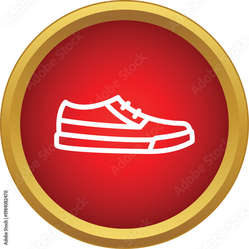 Minimalist outline of a casual sneaker in a red button with a golden border