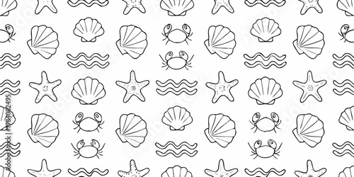 A seamless pattern featuring crabs shells and stylized wave designs