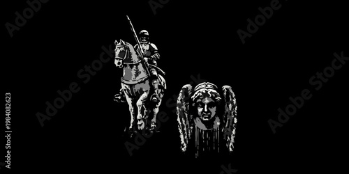 A haunting composition featuring a weeping angel and equestrian statue