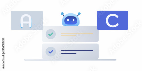 Robotic character interacting with abstract interface elements and letters