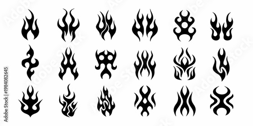 Collection of black tribal flame designs arranged in a grid pattern
