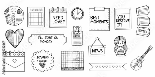 Collection of hand drawn stationery and decorative elements in black and white