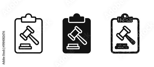 Legal Clipboard and Court Order Icon Set - Line, Solid, and Hand-Drawn Styles