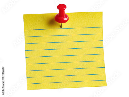 Yellow sticky note with red push pin isolated on transparent background
