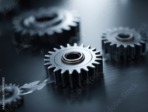 Close up of metallic gears interlocked on a dark reflective surface with dramatic lighting
