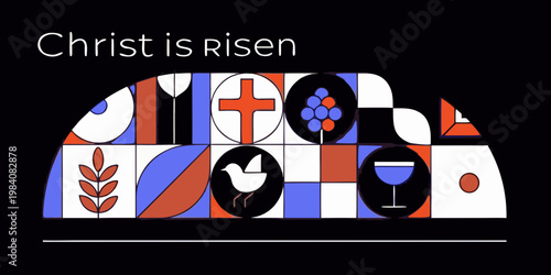 Colorful stained glass design with religious symbols and text