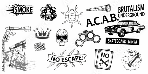 A chaotic collection of rebellious sketches and symbols in black and white