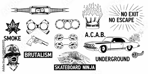 Sketch style collage featuring rebellious symbols and gritty urban elements