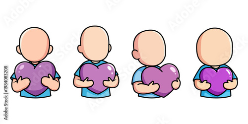 Cartoon Avatars Holding Purple Heart Icons Set