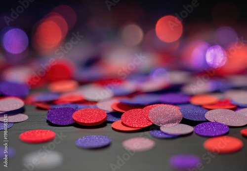 Colorful Confetti Scattered On A Dark Surface With Bokeh Lights In Red Purple And Pink Hues