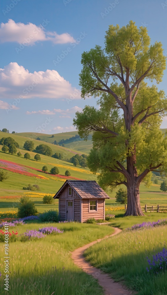 Obraz premium A small cabin near a large tree, vibrant countryside colors