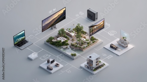 Connected Futuristic Smart City Ecosystem With Digital Displays And Miniature Buildings