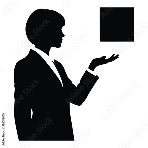 Silhouette of a businesswoman presenting information on a blank square  professional and confident gesture in a corporate setting
