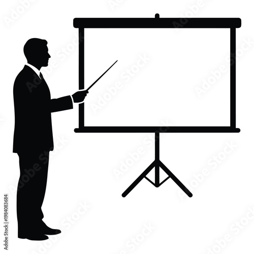 Silhouette of a man in a suit presenting on a projector screen with a pointer in his hand standing on white