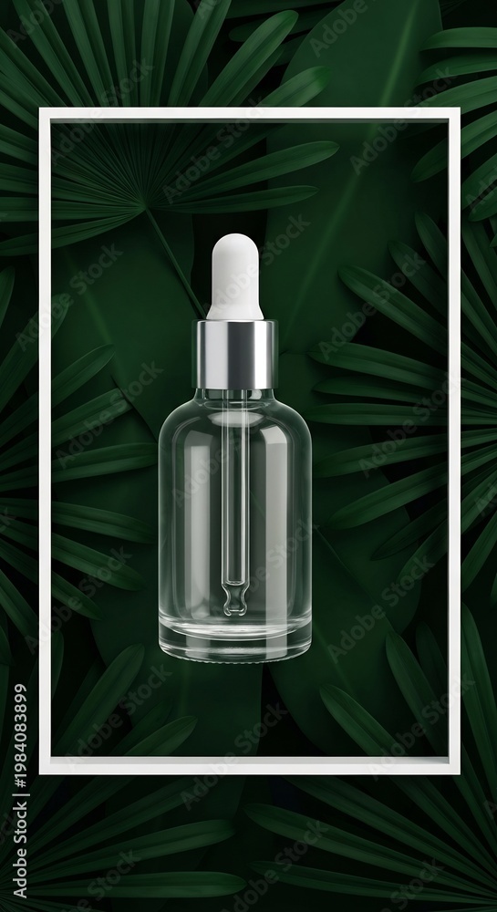 Fototapeta premium Glass Dropper Bottle with Serum on Green Leaves.
