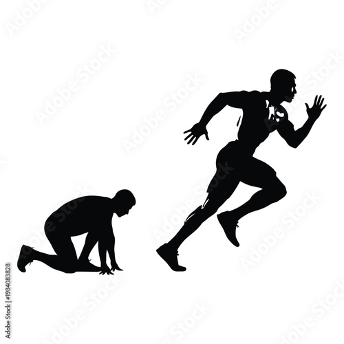 Silhouette of two men running and crouching down to start sprinting in athletic competition  isolated on white background