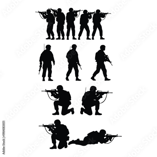 Silhouette of soldiers in various combat positions with guns  military personnel in action  armed forces