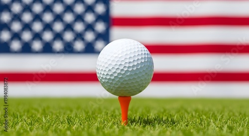 Happy independence day usa golf ball on tee with american flag background patriotic celebration