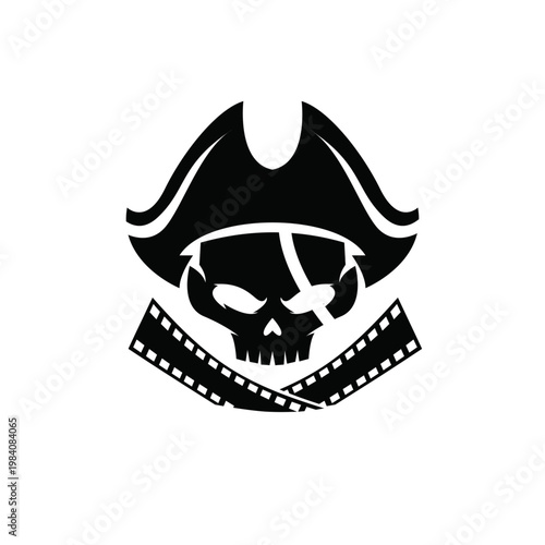 Pirate Skull with Eye Patch, Tricorne Hat, and Film Strip Logo