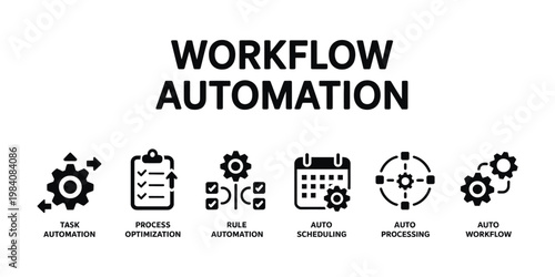 workflow automation banner design, vector illustration featuring task automation, process optimization, rule automation, scheduling, processing and workflow engine icons.