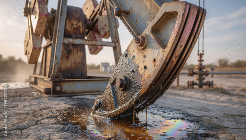 Oil pump jack close up nodding donkey crude oil oil spill petroleum industrial equipment, weathered metal pumping oil into puddle with rainbow sheen cracked ground oilfield site warm evening light